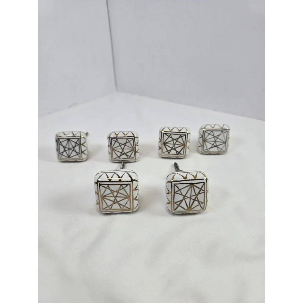 Lot of 6 White Ceramic Drawer Knobs Gold Geometric Lines Square Shape 1.5